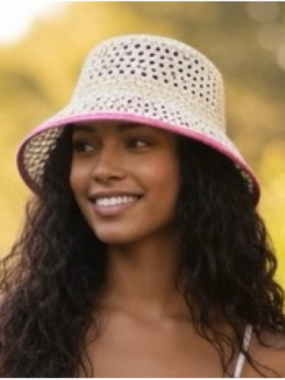 NWT Structured Woven Straw Bucket Hat Pink Trim Adjustable One Size
